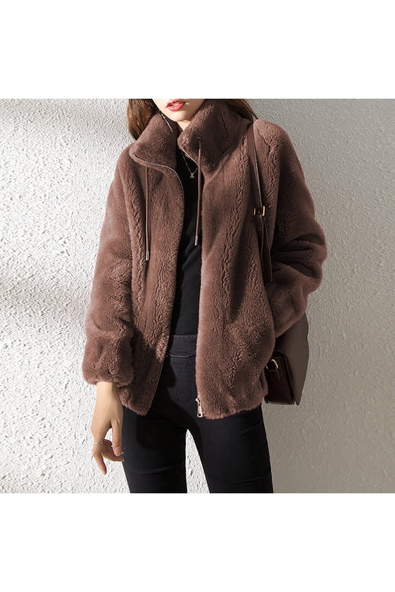 Women Fleece Jacket Full Zip Small Plus Size Brown Full Zip Cardigan Jacket No Hood Solid Warm Coats Hip Length Thermal Outwear Fuzzy Long Sleeve Winter Clothes Collar Jacket Top
