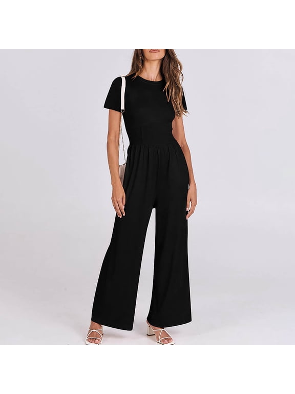 TrendVibe365 Women Jumpsuits Dressy Casual Black Ribbed Pants Solid Elastic Empire Waist Loose Fit Palazzo Comfy Overalls Long Short Sleeve Rompers Apparel People Doop