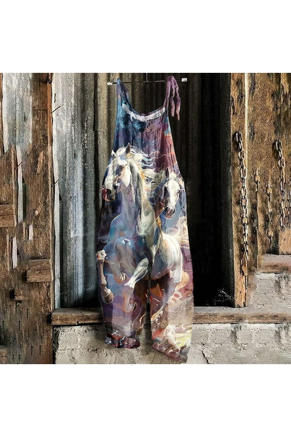 Women Overalls Pants Cowboy Horse Vintage Western Adjustable Straps Trendy Jumpsuits Hippie Y2K Streetwear Long Sleeveless Rompers with Pockets Resort Wear People Dupe