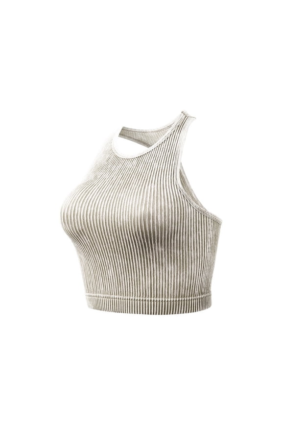 Women Sports Bra Ribbed Knit No Wire Push up Seamless Bralettes Padded High Neck Racerback Halter Wide Strap Support Longline Corset Full Coverage Comfy Underwear Brown S