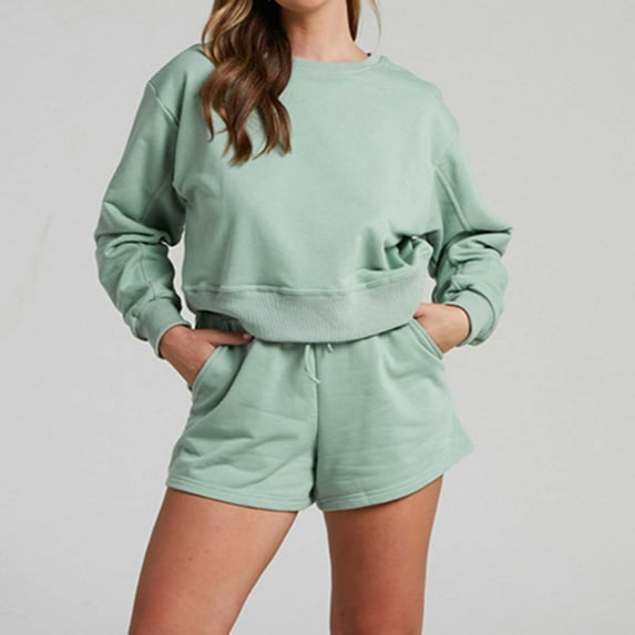 TrendVibe365 Women Sweatsuits Sets 2 Piece Solid Color Croped Crewneck Long Sleeve Sweatshirts and Shorts Trendy Fashion Outfits Activewear Tracksuit Jogging Suits Sweatsuits