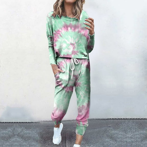 successthop Women Sweatsuits Sets 2 Piece Tie Dye Gradient Crewneck Long Sleeve Shirts and Jogger Sweatpants Sports Slim Outfits Activewear Tracksuit Jogging Suits Sweatsuits