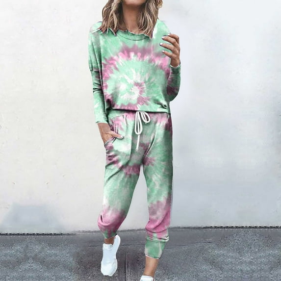 successthop Women Sweatsuits Sets 2 Piece Tie Dye Gradient Crewneck Long Sleeve Shirts and Jogger Sweatpants Sports Slim Outfits Activewear Tracksuit Jogging Suits Sweatsuits