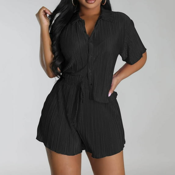 successthop Women Two Piece Outfits Sets Summer Solid Color Button Down Pleated V Neck Short Sleeve Shirts and Long Pants Cosy Loose Fit Pajamas Lounge Set Loungewear Summer Outfits