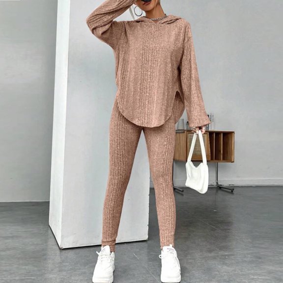 successthop Women Two Piece Outfits Sets Summer Solid Color Ribbed Knit Crewneck Long Sleeve Shirts and Long Pants Cosy Loose Fit Pajamas Lounge Set Loungewear Summer Outfits