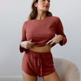 thumbnail image 1 of TrendVibe365 Women Two Piece Outfits Sets Summer Solid Color Ribbed Knit Crewneck Long Sleeve Shirts and Shorts Basic Travel Pajamas Lounge Set Loungewear Summer Outfits, 1 of 3