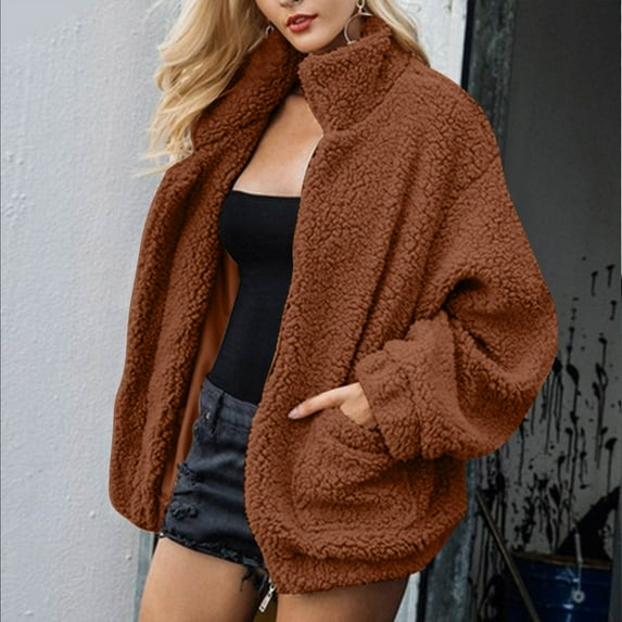 TrendVibe365 Women Winter Jackets Without Hood Faux Wool Coat Waist Length Thick Coats No Hood Fleece Outwear No Zip Open Front Cardigan Long Sleeve Puffer Winter Clothes Solid Casual Tops Pockets