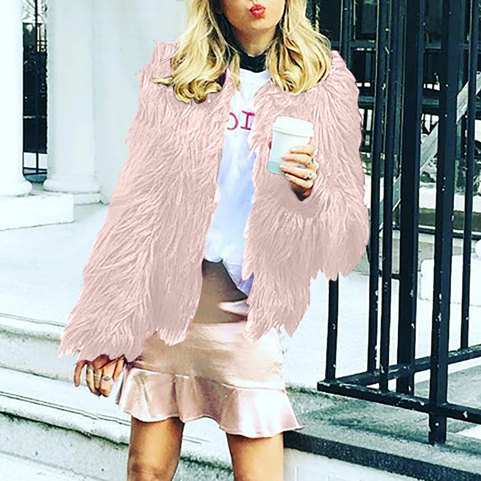 TrendVibe365 Women Winter Jackets Without Hood Pink Faux Wool Coat Crop