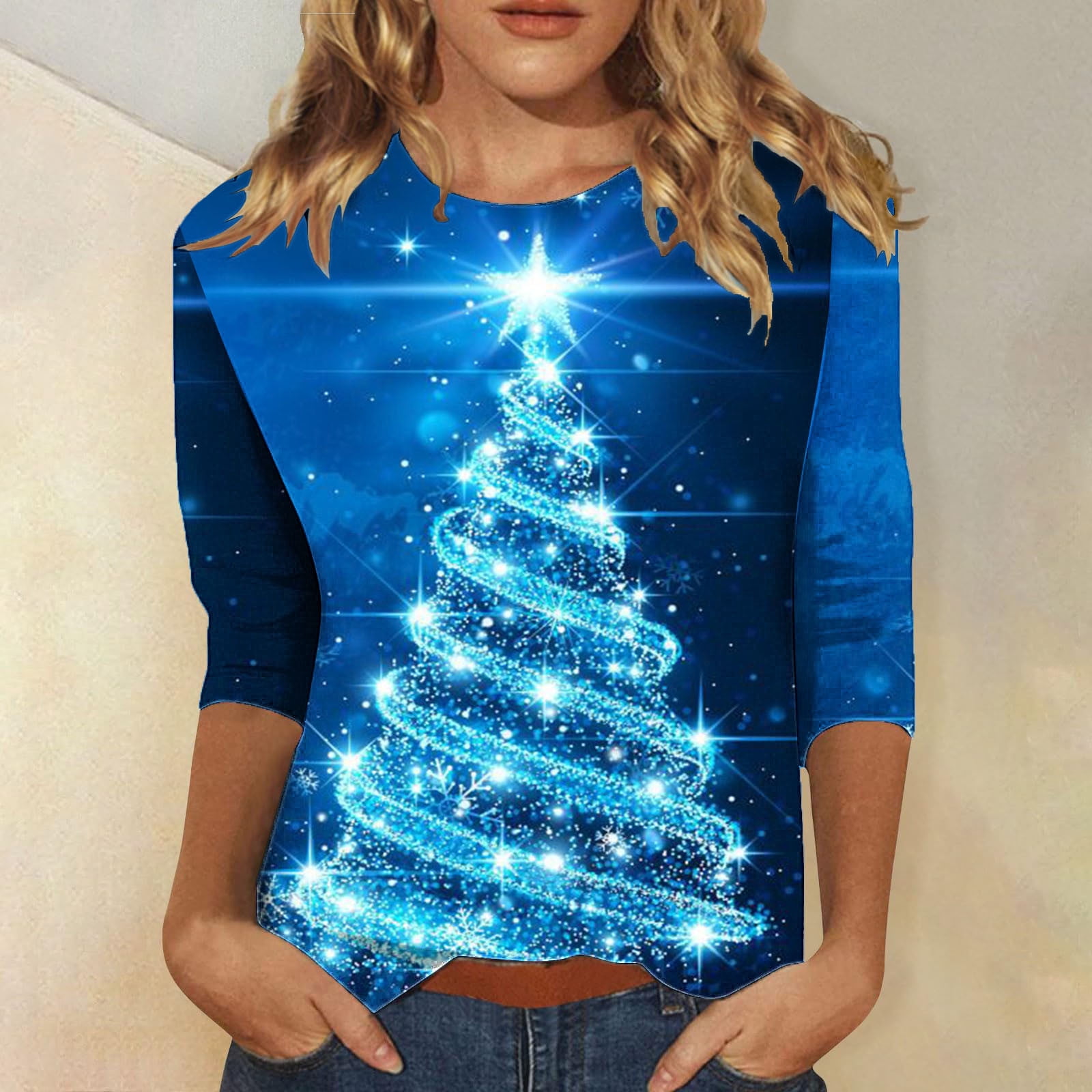 TrendVibe365 Women's Christmas Shirts 3/4 Sleeves Blue Christmas Tree