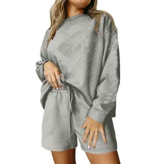 TrendVibe365 Women's Lounge Sets Solid Color Crewneck Long Sleeve Shirts and Shorts Comfy Trendy Pajamas Lounge Set Loungewear Summer Outfits