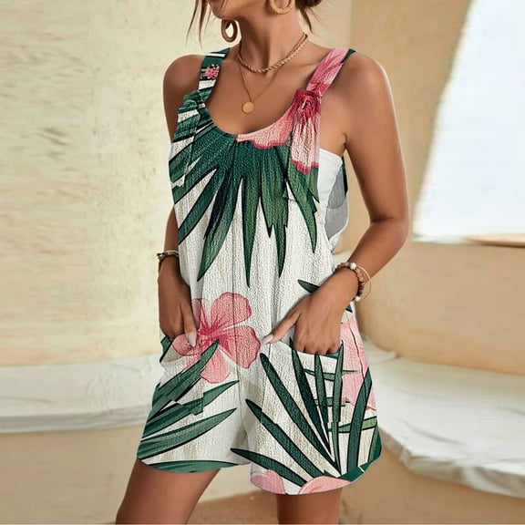 successthop Women's Overalls Linen Blend Pants Hawaiian Tropical Floral Adjustable Straps Casual Rompers Tank Shorts Sleeveless Jumpsuits with Pockets Playsuit Free Dupe