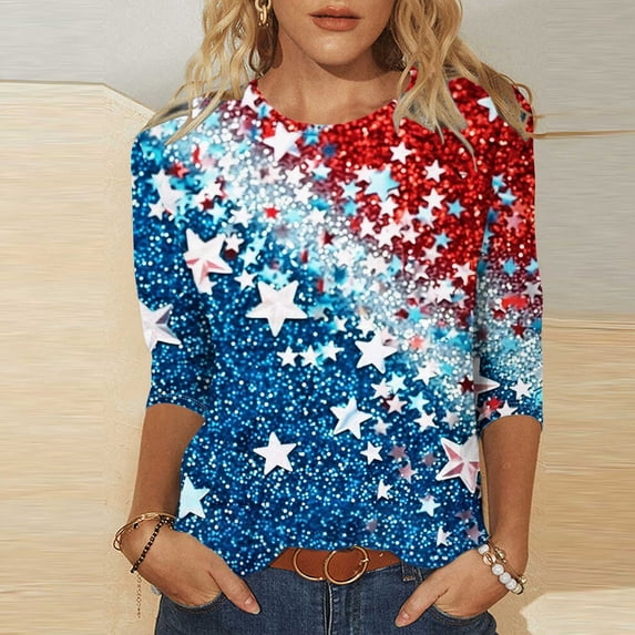 successthop Women's Patriotic Tee Shirts Summer Stars Stripes Independence Day Shirts Casual 3/4 Sleeve Patriontic Tunic Tops Fashion Crew Neck 1776 Clothes Loose Fit Outfits