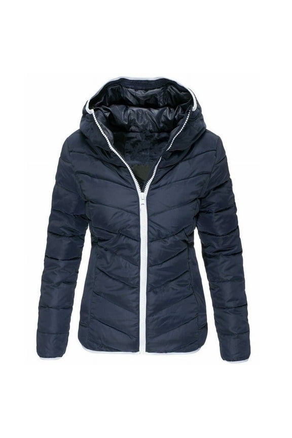 Women's Puffer Coat Blue Long Sleeve Winter Jackets Hood Quilted Solid Winter Coat Waist Length Outwear Zipper Padded Lightweight Overcoat 2023 Warm Puffy Clothes M