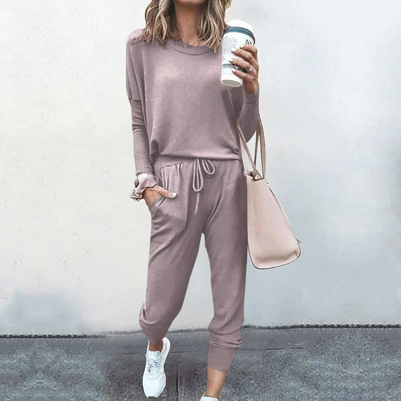 successthop Women's Sweatsuits 2 Pieces Plus Size Solid Color Crewneck Long Sleeve Shirts and Jogger Sweatpants Fit Workout Outfits Activewear Tracksuit Jogging Suits Sweatsuits