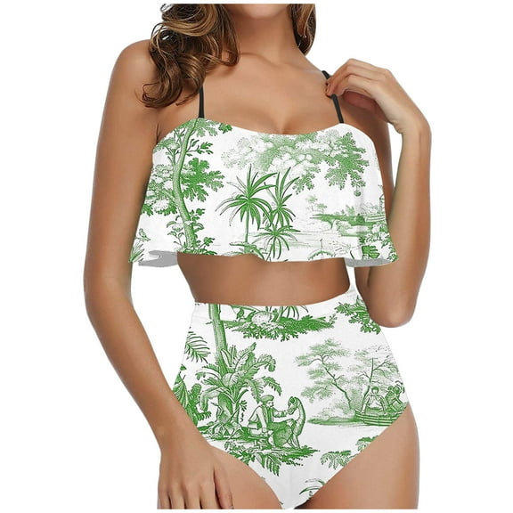 successthop Women's Swimwear Bikinis Green Two Piece Swimsuits High Waisted Thong Adjustable Shoulder Strap Ruffles Bandeau Bathing Suits Floral Swimwear Beachwear 2XL