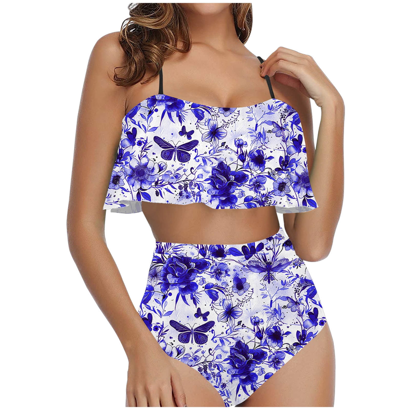 JHKKU Women's Plus Size Bikini Set - Colorful Mushroom Flower Print, High Waisted Tummy Control