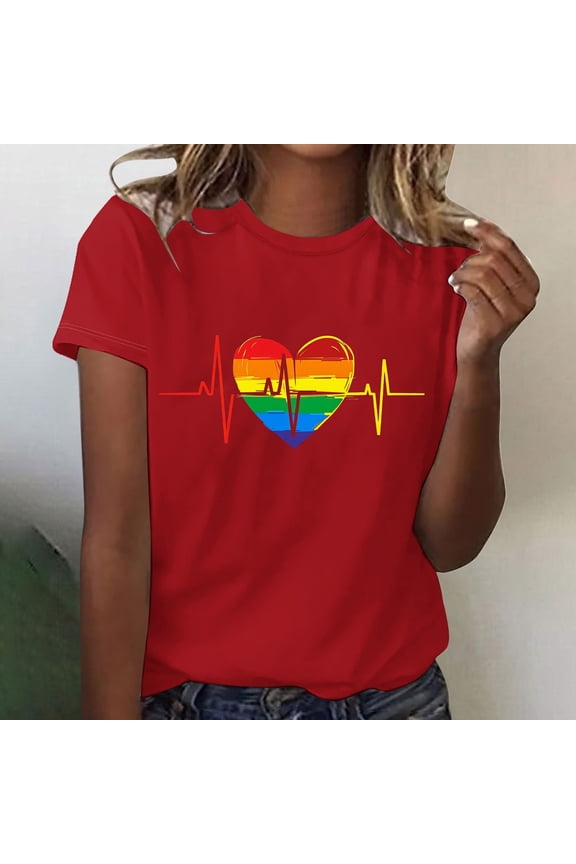 TrendVibe365 Women's T Shirts Red Pride Shirts Rainbow Heart Loose Fit Tops Crew Neck Tshirts Short Sleeve Tee Blouse Beach Apparel