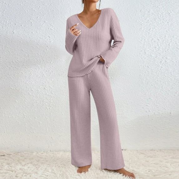 TrendVibe365 Womens 2 Piece Lounge Sets Solid Color Knit Long Sleeve Shirts and Wide Leg Long Pants Basic Travel Pajamas Lounge Set Loungewear Outfits Pink XL