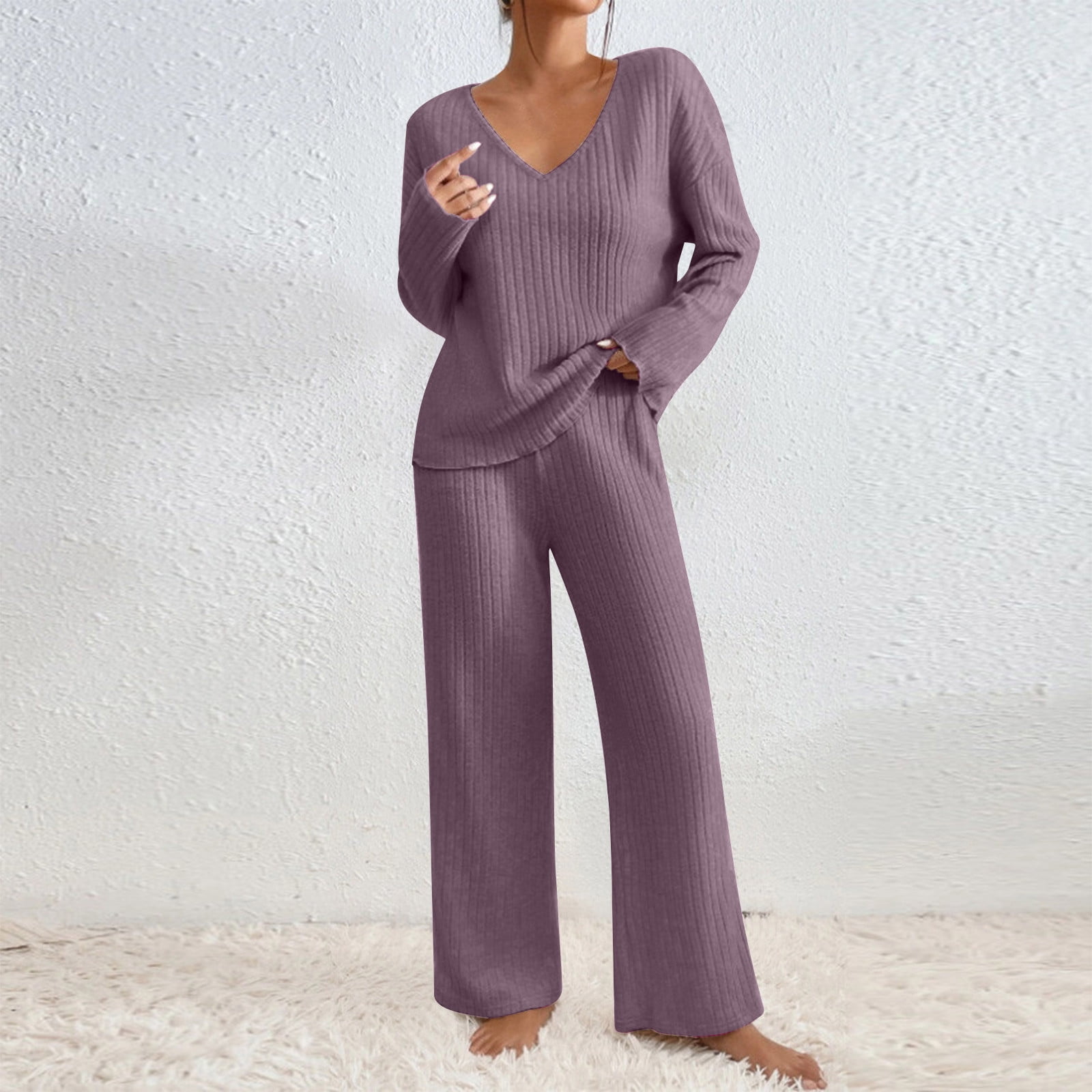 successthop Womens 2 Piece Lounge Sets V Neck Scoop Solid Color