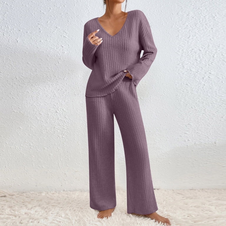 successthop Womens 2 Piece Lounge Sets V Neck Scoop Solid Color