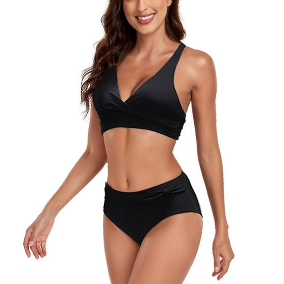TrendVibe365 Womens Bikinis Bathing Suit Sets Black 2 Piece Thong Crossed Straps V Neck Solid Swimwear Beachwear 2XL