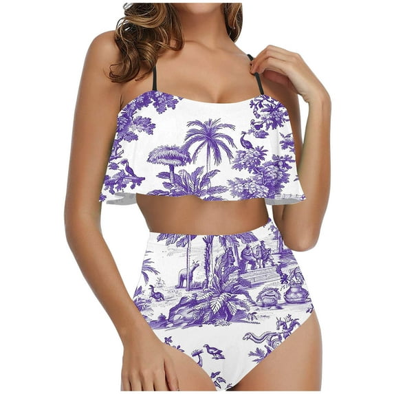 TrendVibe365 Womens Bikinis Bathing Suit Sets Purple Two Piece High Waisted Thong Adjustable Shoulder Strap Ruffles Bandeau Floral Swimwear Beachwear M