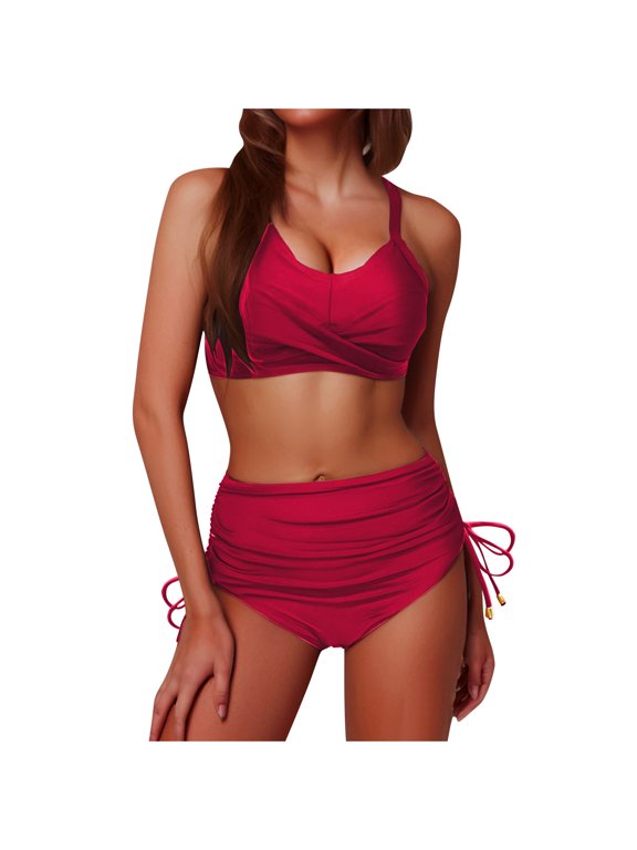 TrendVibe365 Womens Bikinis Bathing Suit Sets Red 2 Piece High Waist Thong Crossed Straps Wrap Top Built in Bra Solid Swimwear Beachwear XL