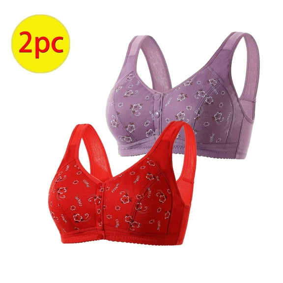 successthop Womens Bra Pack of 2 Daisy Floral No Underwire Push up Bralettes Padded Snap Front Clasp Wide Strap Corset Bra Full Coverage Crop Tank Top Comfortable Shapewear Red L