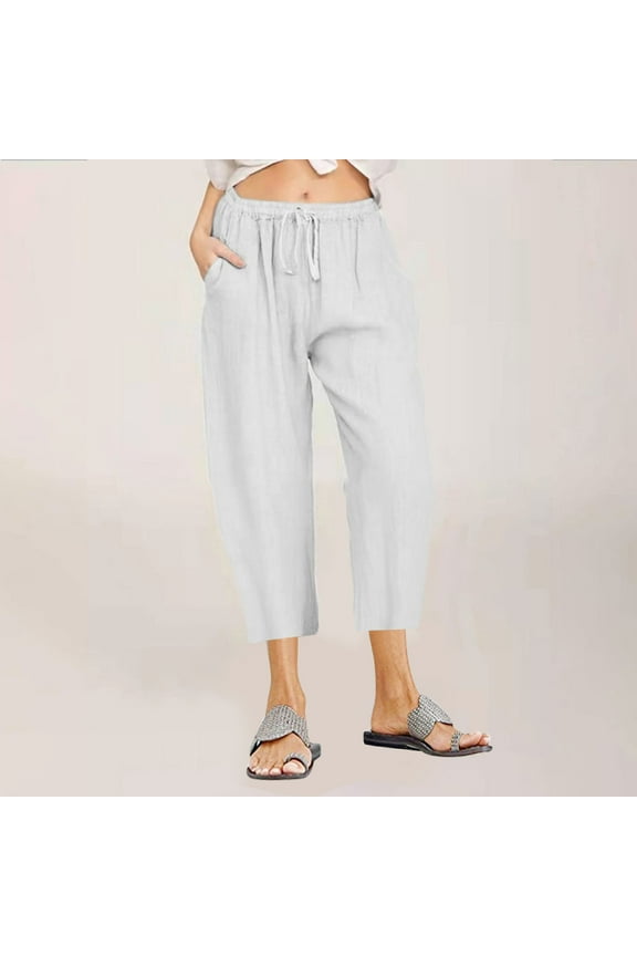 Womens Capri Pants Plus Size Linen Summer Beach Capris Mid Rise Tapered Pants Cropped Capris Pants Trendy Elastic Waist Drawstring Trousers w Pockets Relaxed Soft
