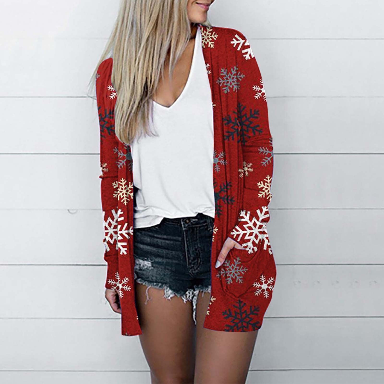 TrendVibe365 Womens Christmas Cardigan Snowflake Xmas Tree Casual