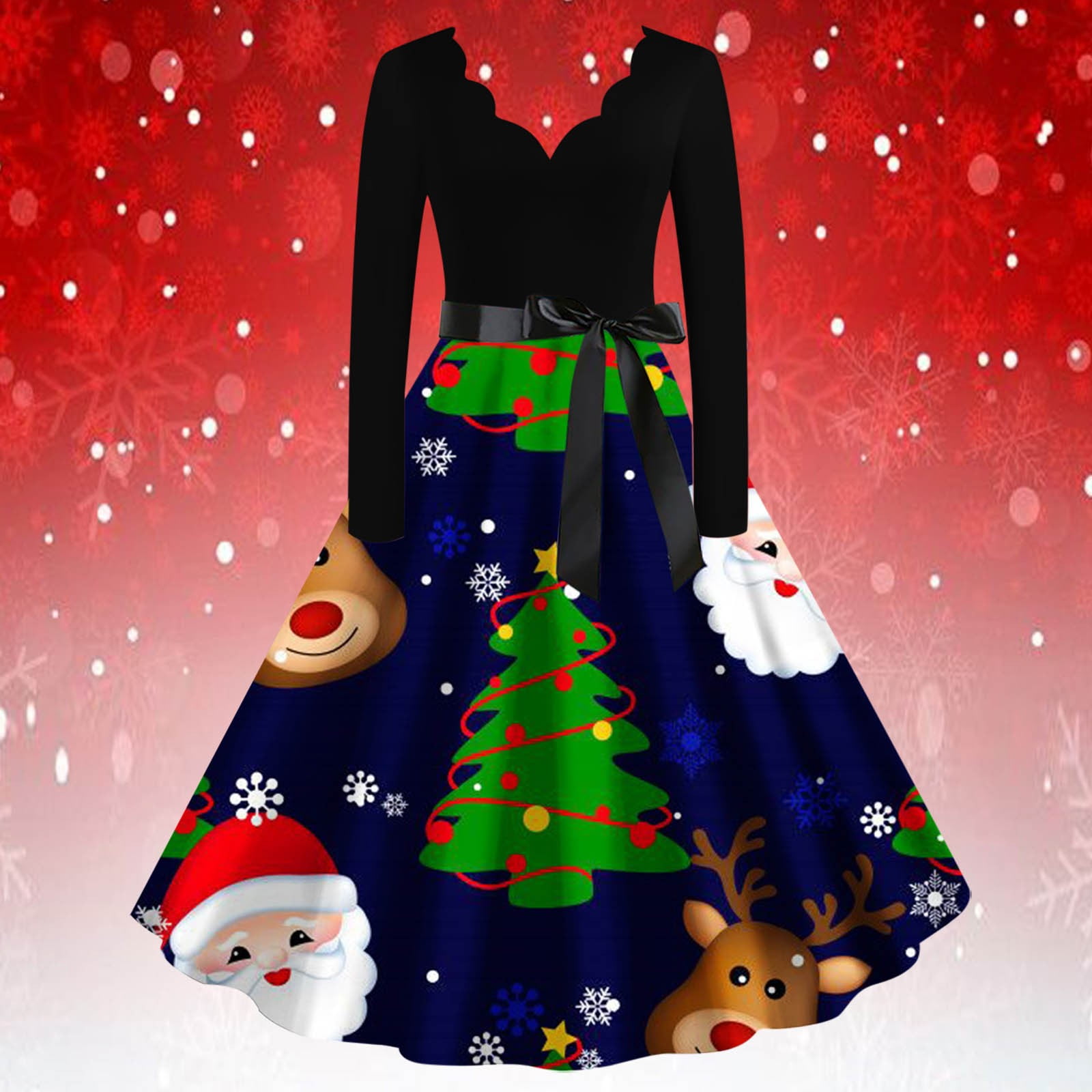 TrendVibe365 Womens Christmas Dress Formal Blue Christmas Tree Retro