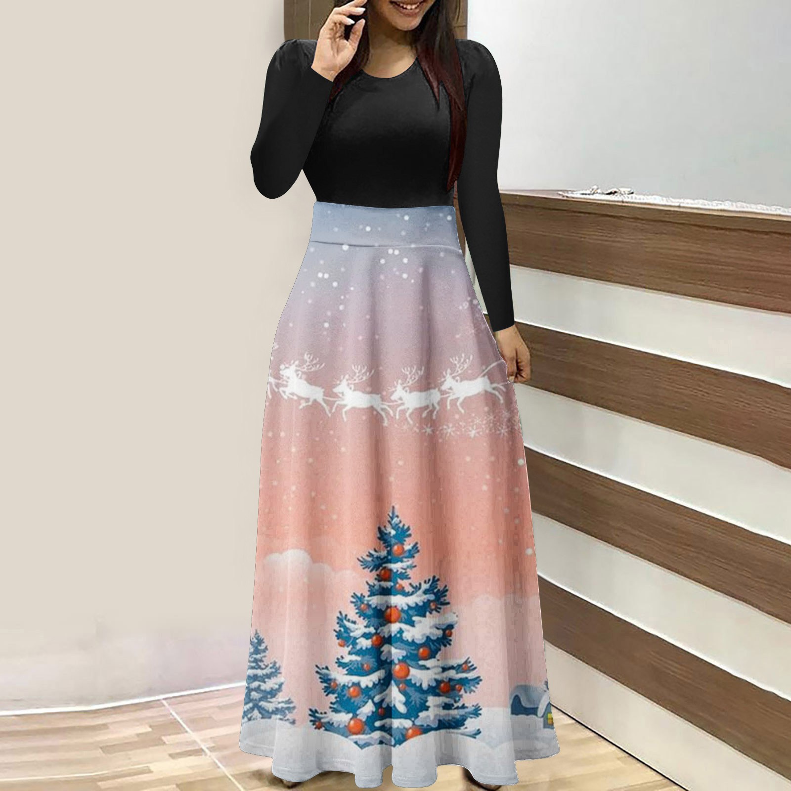 TrendVibe365 Womens Christmas Dress Long Sleeve Christmas Tree