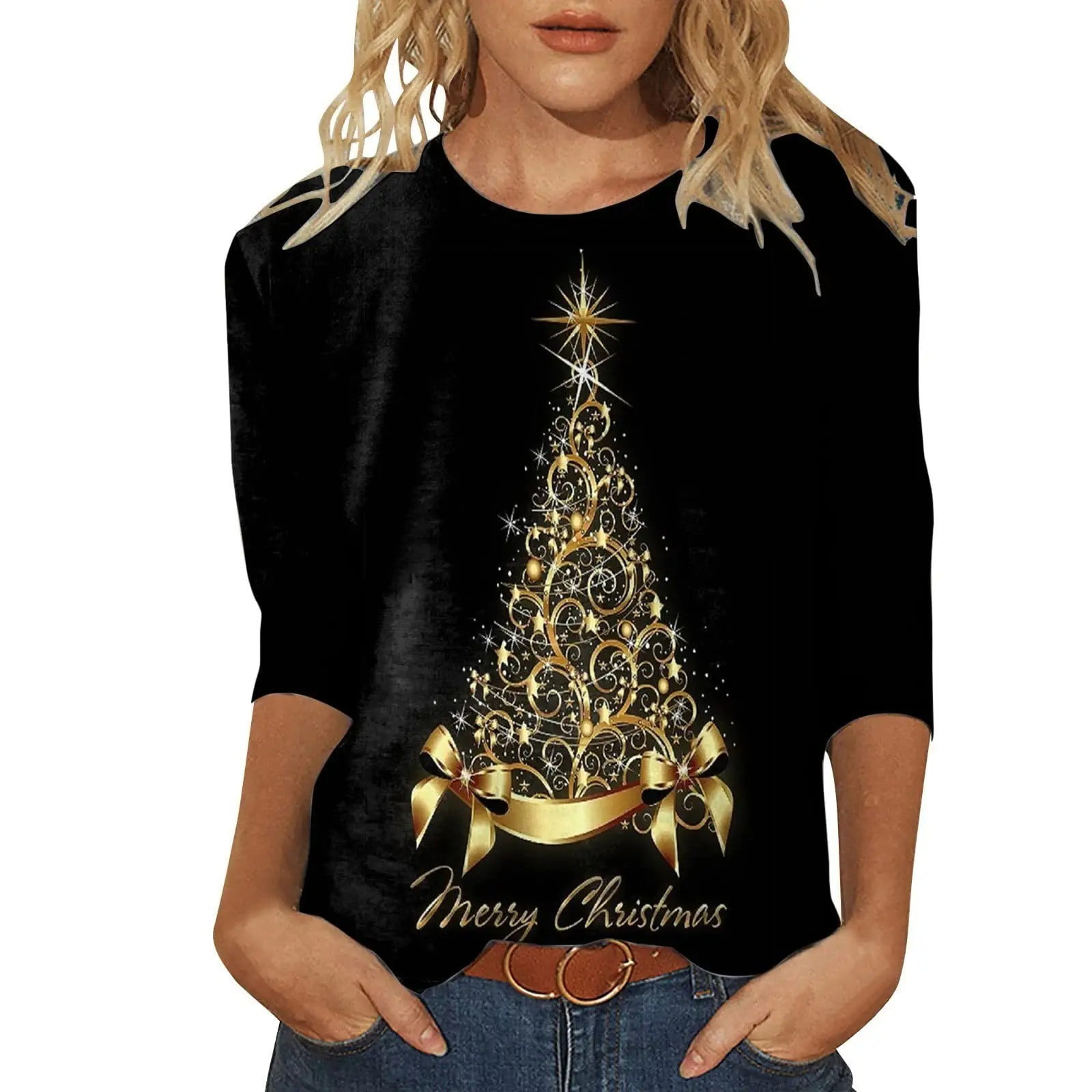 TrendVibe365 Womens Christmas Shirts Plus Size Black Xmas Tree Sparkles Xmas Tees Round Neck