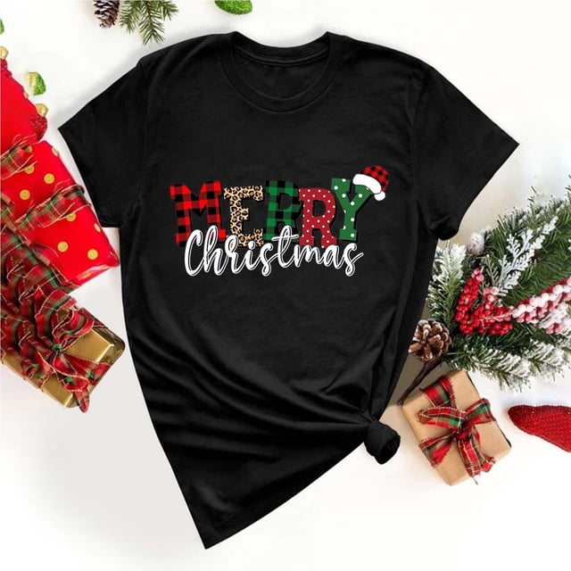 TrendVibe365 Womens Christmas Shirts Short Sleeve Black Graphics Plaid