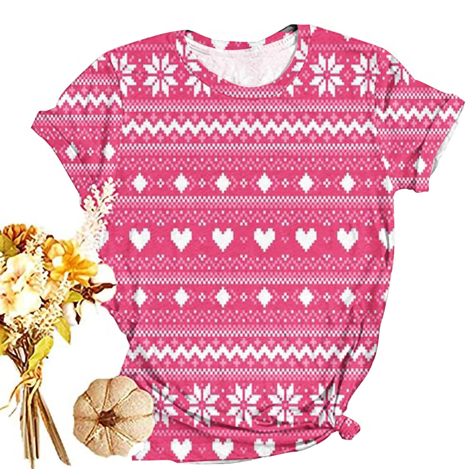 TrendVibe365 Womens Christmas Tee Shirts Short Sleeve Pink Snowflake