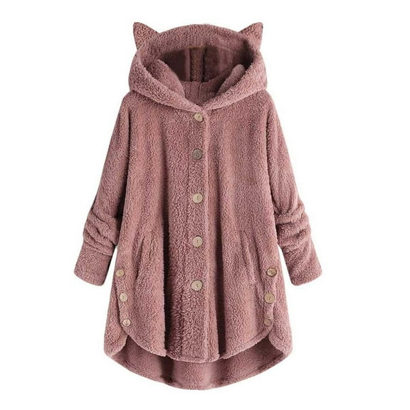 successthop Womens Fleece Lined Jacket Plus Size Pink Button Wool Jacket with Hood Plain Warm Coats Hip Length Thermal Outwear Fuzzy Long Sleeve Winter Clothes Collar Jacket Soft Comfy Top