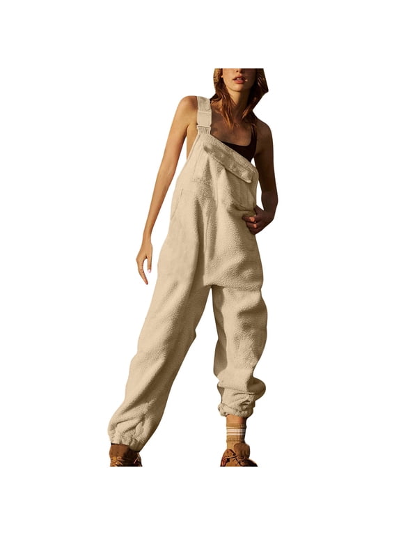 Womens Fleece Overalls One-piece Bibs Jumpsuits People Dupes Adjustable Suspender Straps Warm Winter Fluffy Fuzzy Ski Pants Casual Loose Fit Rompers with Pockets Khaki S