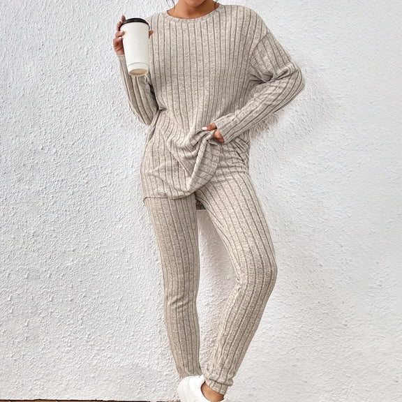 TrendVibe365 Womens Knit Sweater Suits Hoodie Fall Winter Slim St Collar Long Sleeve Loose Wide Leg Pants Beige L