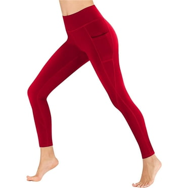 TrendVibe365 Womens Leggings High Waisted with Pockets Solid Color Stretchy Workout Yoga Pants High Waisted Scrunch Butt Leggings Tights with Pockets Casual Slim Sports Trousers Red XL