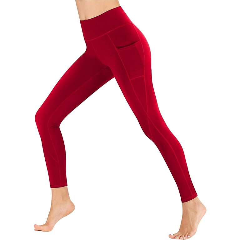 TrendVibe365 Womens Leggings High Waisted with Pockets Solid Color Stretchy Workout Yoga Pants High Waisted Scrunch Butt Leggings Tights with Pockets Casual Slim Sports Trousers Red XL Walmart