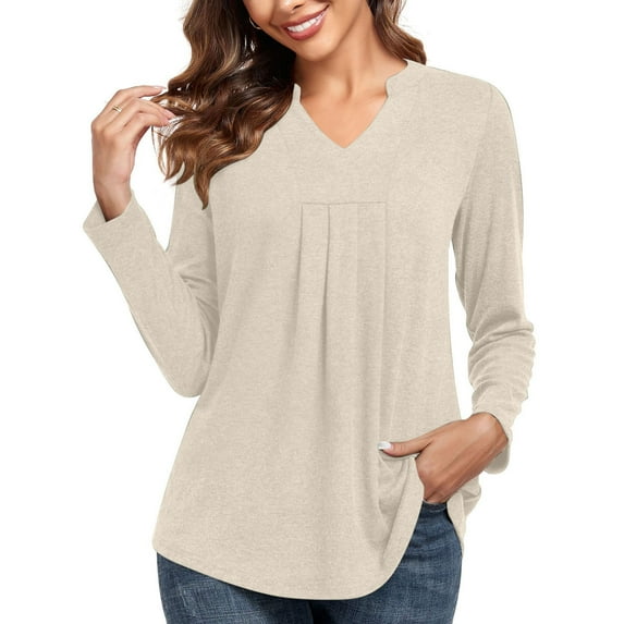 TrendVibe365 Womens Long Sleeve Tops Plus Size Beige Solid Color Pleated Curved Hem Basic Oversized Tees Notch V Neck Holiday Gifts Tops Long Sleeve Shirts Tunic Spring Funny Outfits 2XL(US=12)