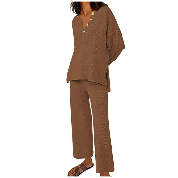 TrendVibe365 Womens Matching Lounge Set Solid Color Half Button Knit V Neck Long Sleeve Shirts and Wide Leg Long Pants Fashion Vacation Pajamas Lounge Set Loungewear Summer Outfits