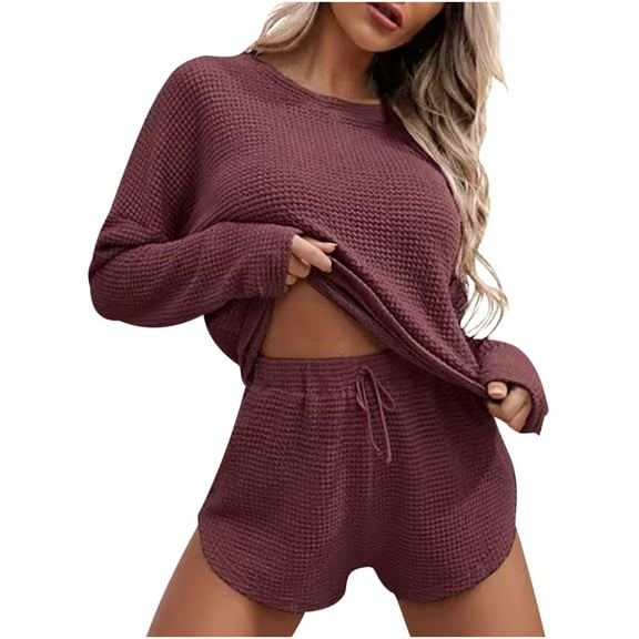 successthop Womens Matching Lounge Set Solid Color Knit Crewneck Long Sleeve Shirts and High Waist Shorts Fashion Vacation Pajamas Lounge Set Loungewear Summer Outfits