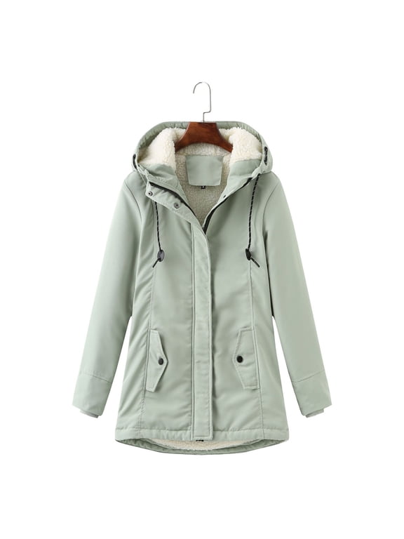 Womens Plus Puffer Jacket with Hood Green Long Sleeve Parkas Hooded Tunic Winter Coats Packable Warm Outerwear Plain Thick Coat Buttons Winter Clothes with Pockets Soft Comfy Tops