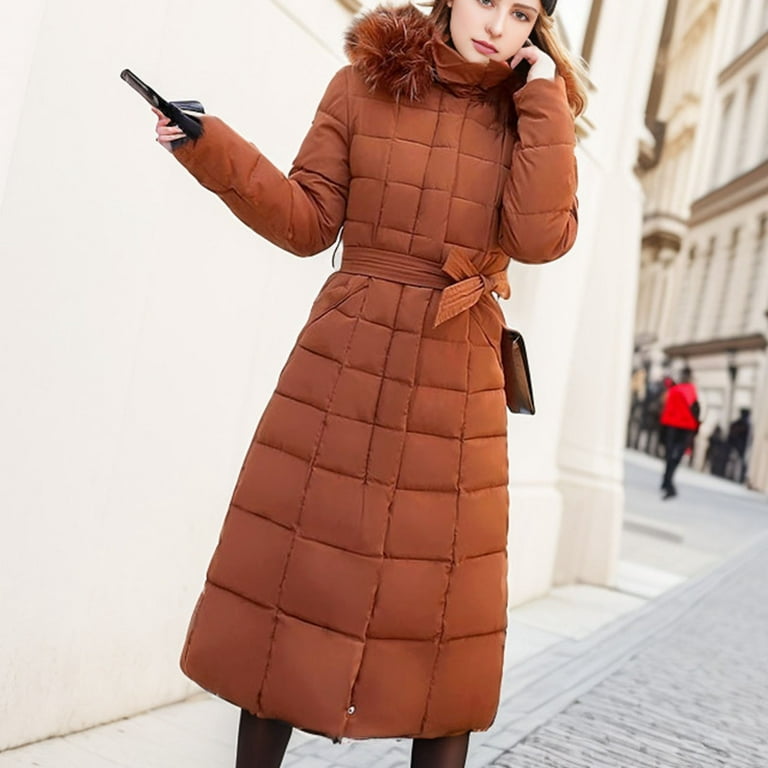 TrendVibe365 Womens Puffer Coat with Belt Brown Long Sleeve Down Jacket No  Hood Below Knee Winter Coats Packable Warm Outerwear Solid Thick Coat with  Ties Buttons Winter Clothes 2023 Soft Comfy Tops 