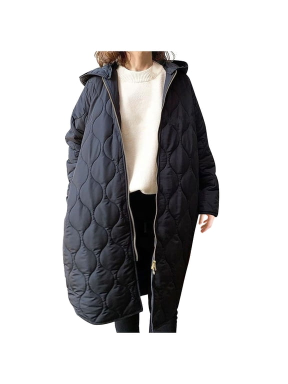 Womens Puffer Jacket Oversized Black Long Sleeve Down Jacket without Hood Long Winter Coats Lightweight Warm Outerwear Solid Thick Coat Zip Winter Clothes with Pockets Overcoat