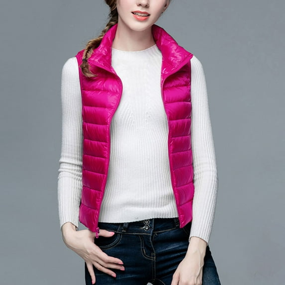 successthop Womens Down Puffer Jacket Pink Sleeveless Down Jacket No Hood Waist Length Winter Coats Lightweight Warm Outerwear Plain Thick Coat Zip Winter Clothes Soft Comfy Overcoat