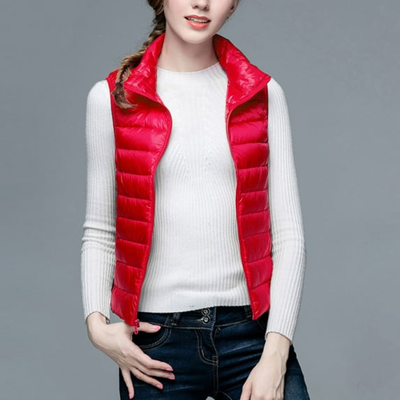 successthop Womens Puffer Jacket Red Sleeveless Down Jacket without Hood Crop Winter Coats Packable Warm Outerwear Solid Thick Coat Zip Winter Clothes Soft Comfy Overcoat