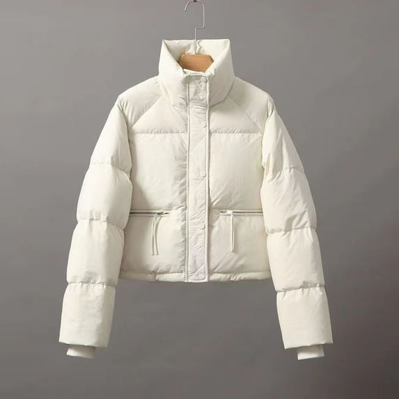 TrendVibe365 Womens Puffer Jacket White Long Sleeve Down Jacket Turtleneck Crop Winter Coats Packable Warm Outerwear Plain Thick Coat Zip Winter Clothes with Pockets 2023 Soft Comfy Overcoat