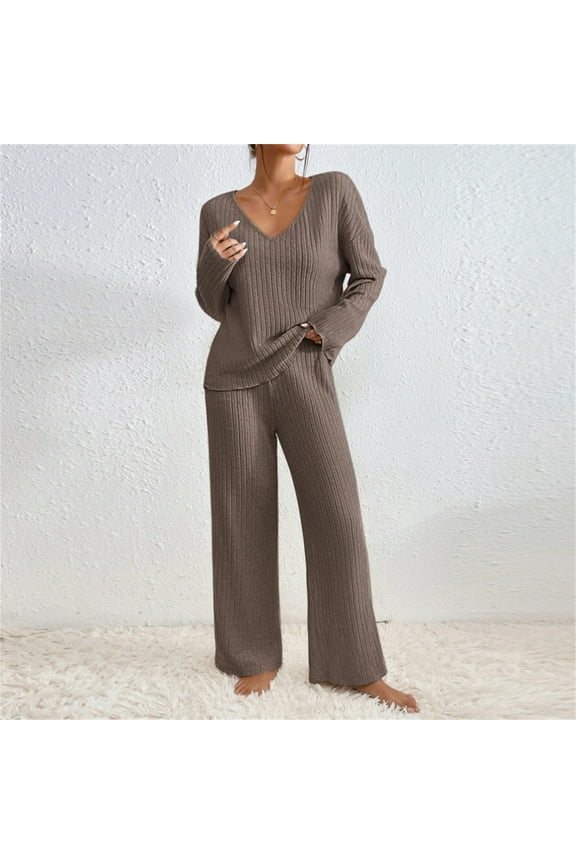Womens Ribbed Lounge Set Solid Color Ribbed Knit V Neck Long Sleeve Shirts and Wide Leg Long Pants Comfy Trendy Pajamas Lounge Set Loungewear Summer Outfits